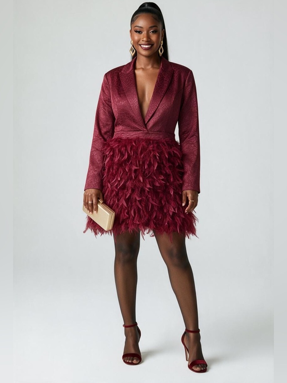 Loragal Lapel Collar Feather Mini Dress in Burgundy